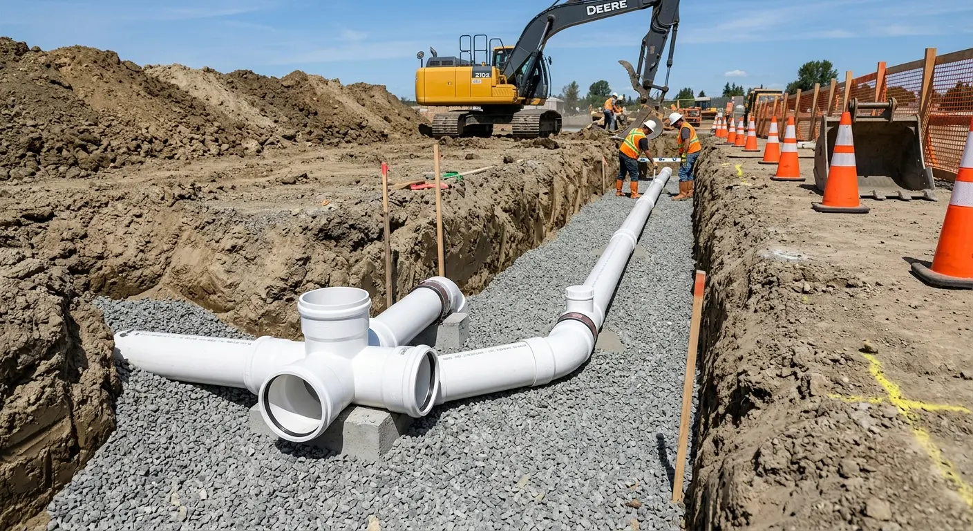 New PVC sewer pipe installation in open trench for Sewer Backup in Spencer