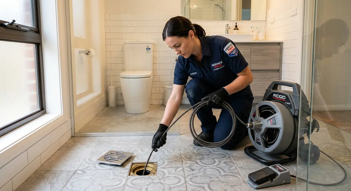 Technician clearing a bathroom floor drain for Hydro Jetting in Spencer